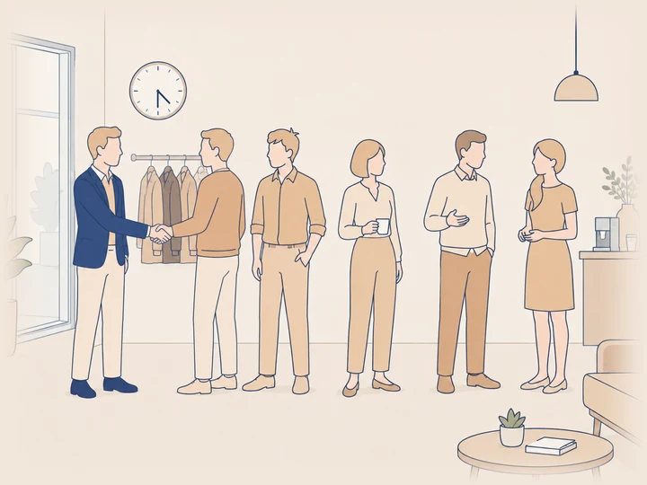 Værten i blå blazer giver hånd til den første gæst, mens fem andre står og småsnakker med kaffe i en entré med garderobe og ur på væggen.