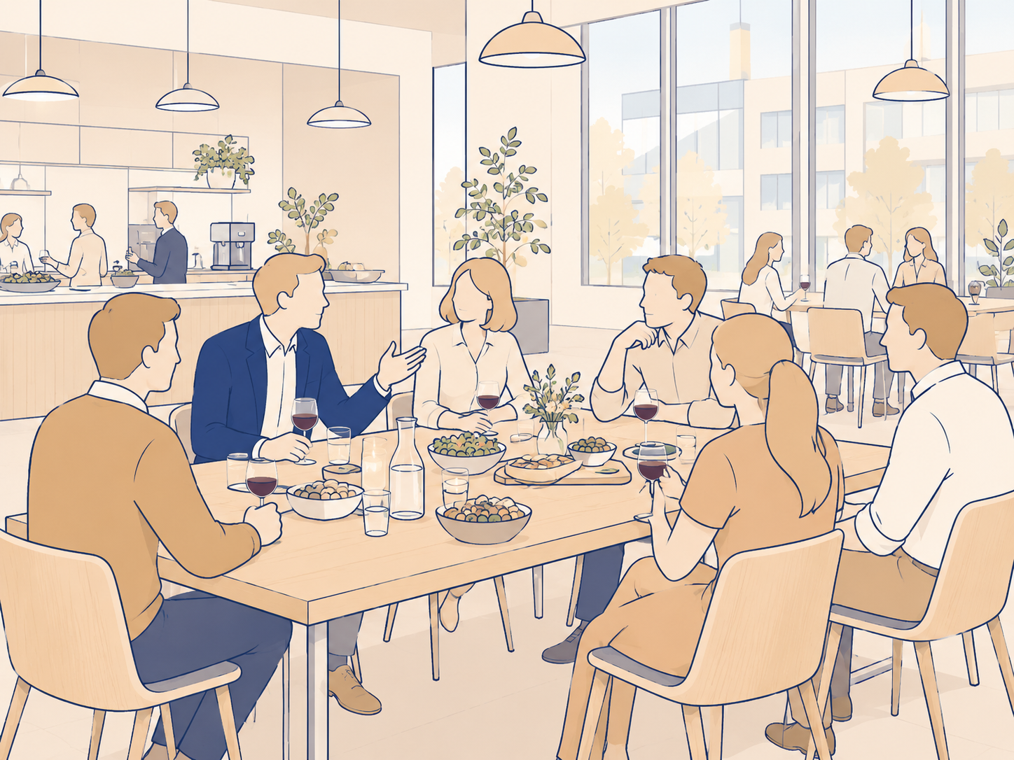 Syv personer omkring et langbord med sm&aring;retter og vinglas i en lys kantine; v&aelig;rten i bl&aring; blazer gestikulerer, og bag dem ses en buffet og store vinduer mod byen.