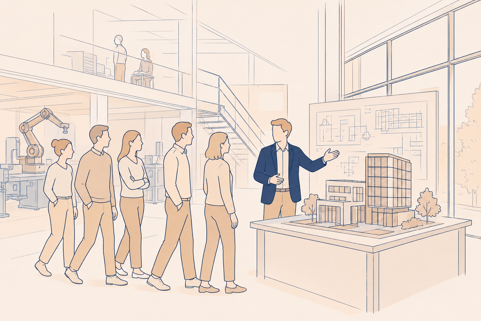 V&aelig;rt i bl&aring; blazer viser en model af en kontorbygning og en planche med tegninger for fem g&aring;ende g&aelig;ster i en produktionshal med robotarm og trappe.