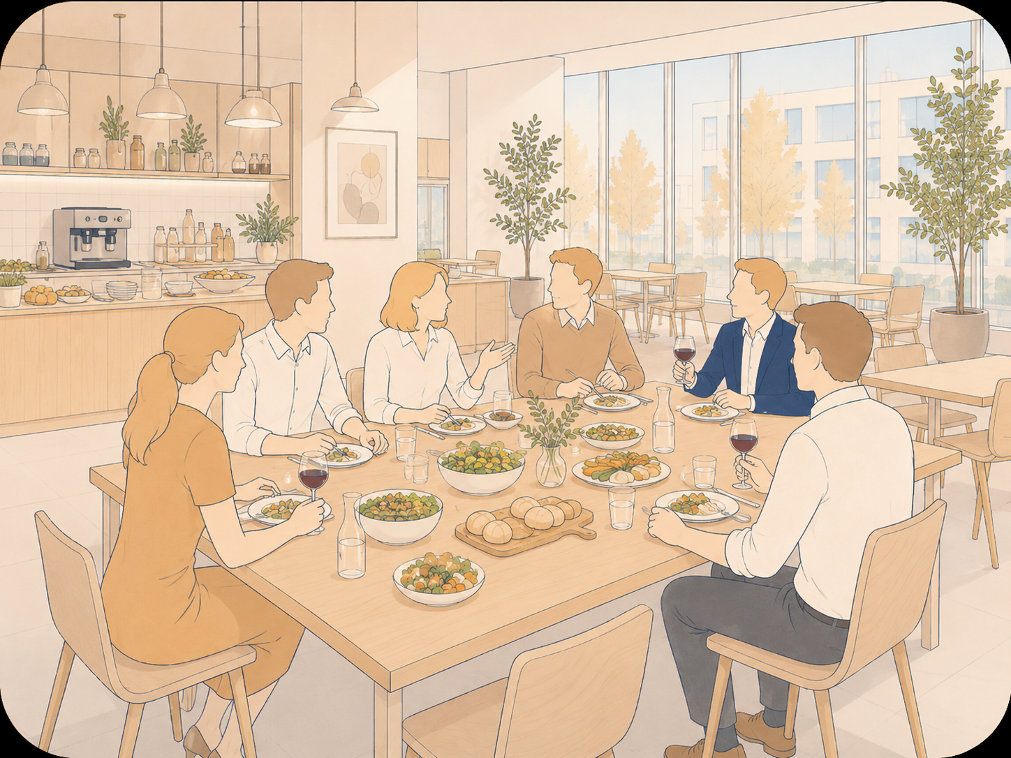 Syv personer til middag om et lyst tr&aelig;bord med sk&aring;le, br&oslash;d og vin; buffet, kaffemaskine og store vinduer med tr&aelig;er i baggrunden; v&aelig;rten i bl&aring; blazer sidder med.