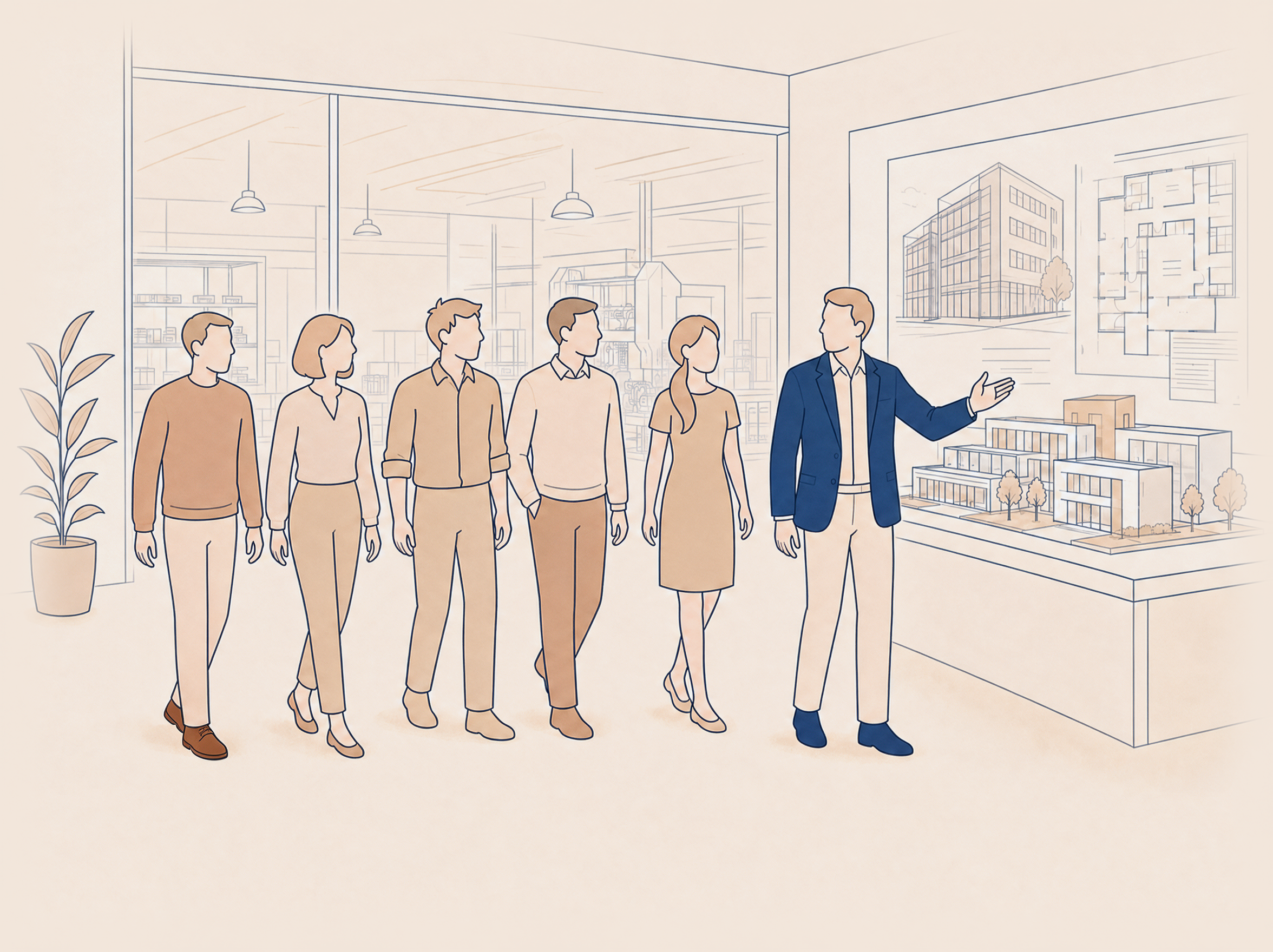 V&aelig;rten i bl&aring; blazer viser bygningsmodeller og plancher frem, mens de fem g&aelig;ster fra persona-arket kommer g&aring;ende i l&oslash;s gruppe — kvinden i kjole og kvinden med bob-h&aring;r er begge med.