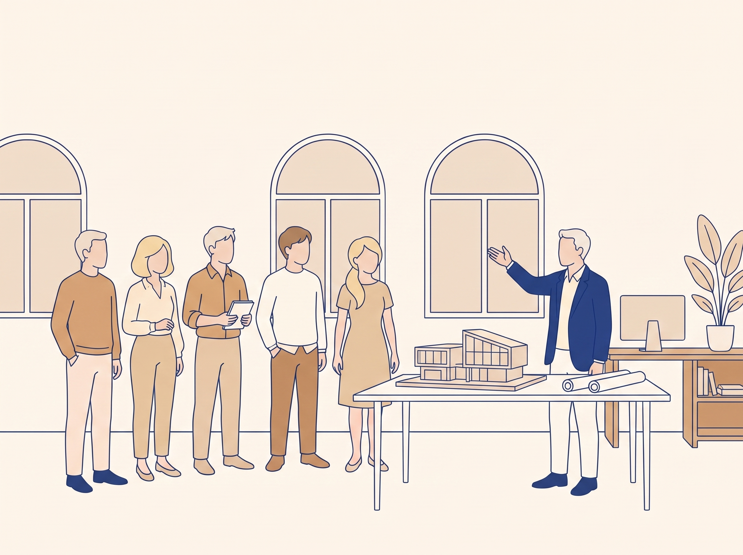 Billede 1: V&aelig;rten i bl&aring; blazer st&aring;r ved et arbejdsbord med en arkitekturmodel og peger ud i rummet, mens fem g&aelig;ster st&aring;r samlet og lytter. Bag dem tre h&oslash;je rundbuede vinduer.