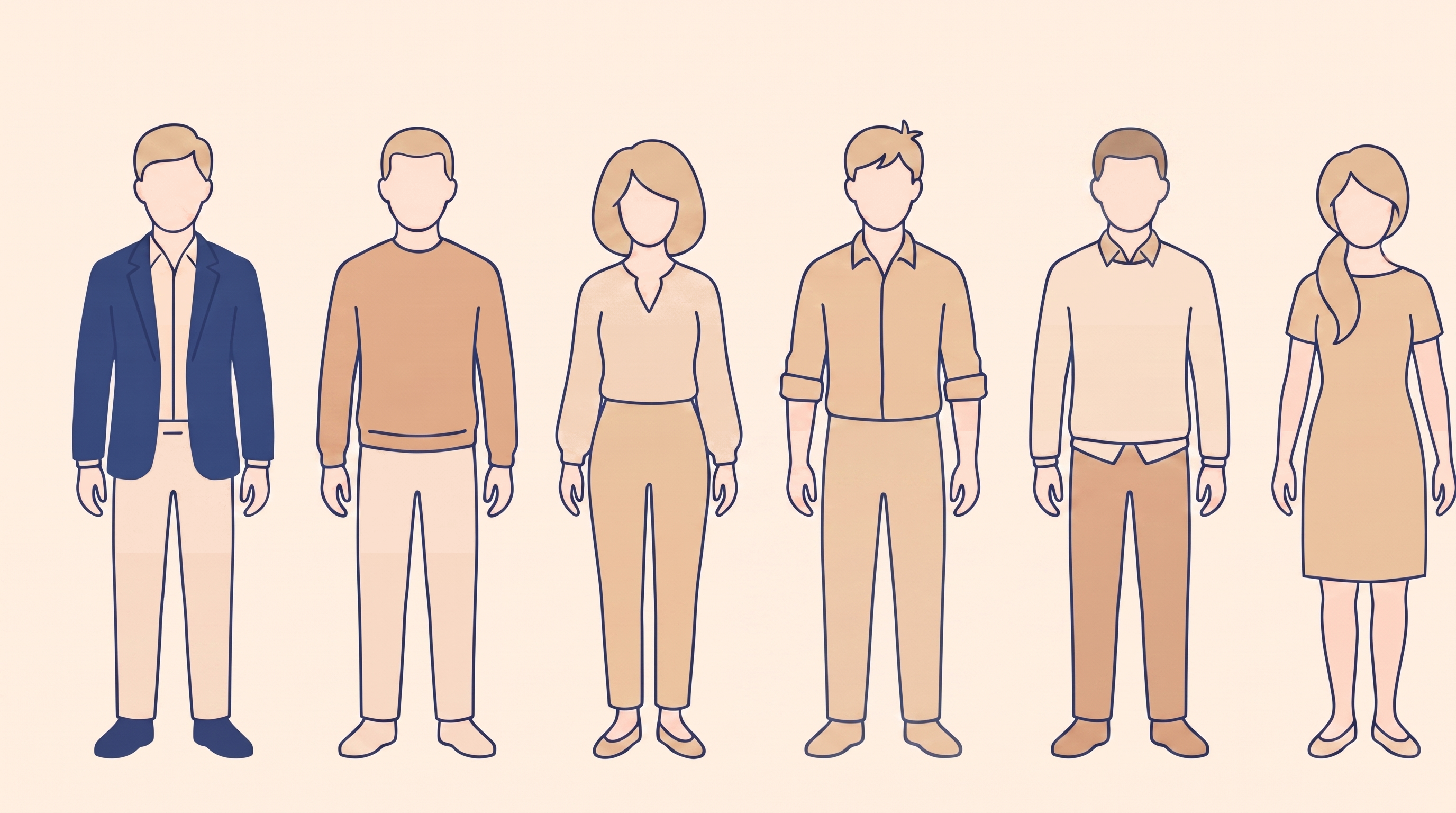 Persona-ark med de seks faste personer stående på række: værten i blå blazer, to mandlige gæster, kvinde i lys bluse, mand i arbejdsskjorte, mand med afro og kvinde med hestehale og taske.