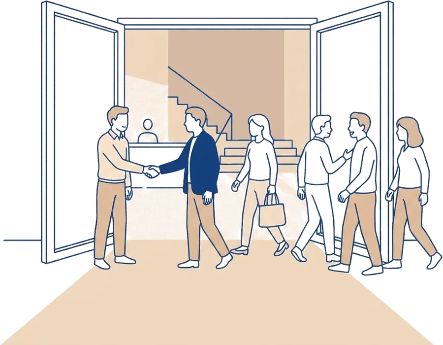 V&aelig;rten viser sin virksomhed frem for g&aelig;sterne ved arbejdsbordet med arkitekturmodel.